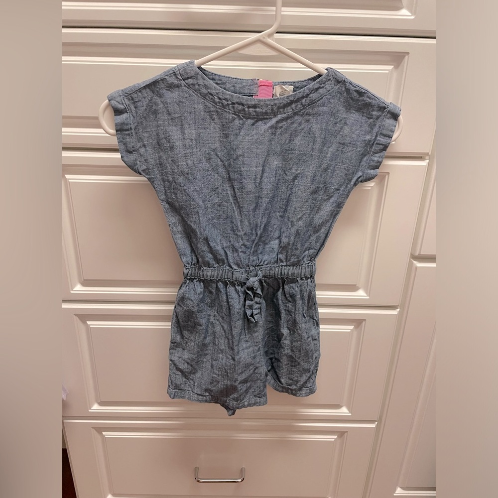 Jcrew Crewcuts Girls Denim Chambray Romper with pink zipper details Sz 3